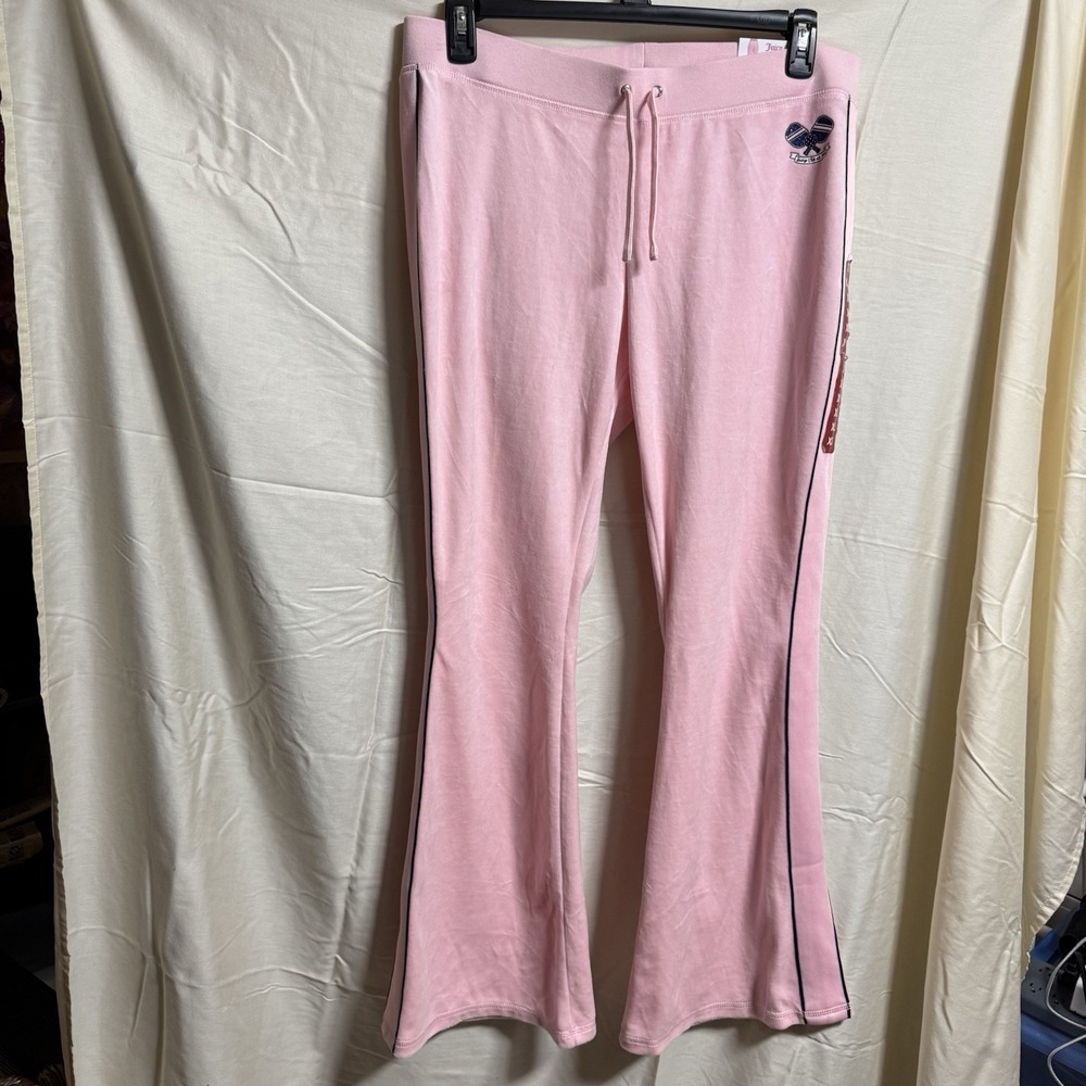 Juicy Couture Cotton Velour Flared Track Pants Pink Drawstring Logo Accent Women